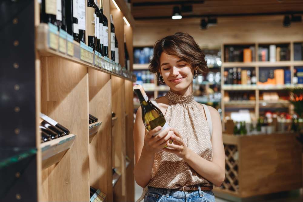 Femme choisissant son vin blanc